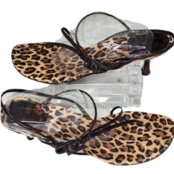 Stuart Weitzman Kitten Heel Sandals Strappy Thong Animal Print Brown Slingback 9 - Picture 5 of 15